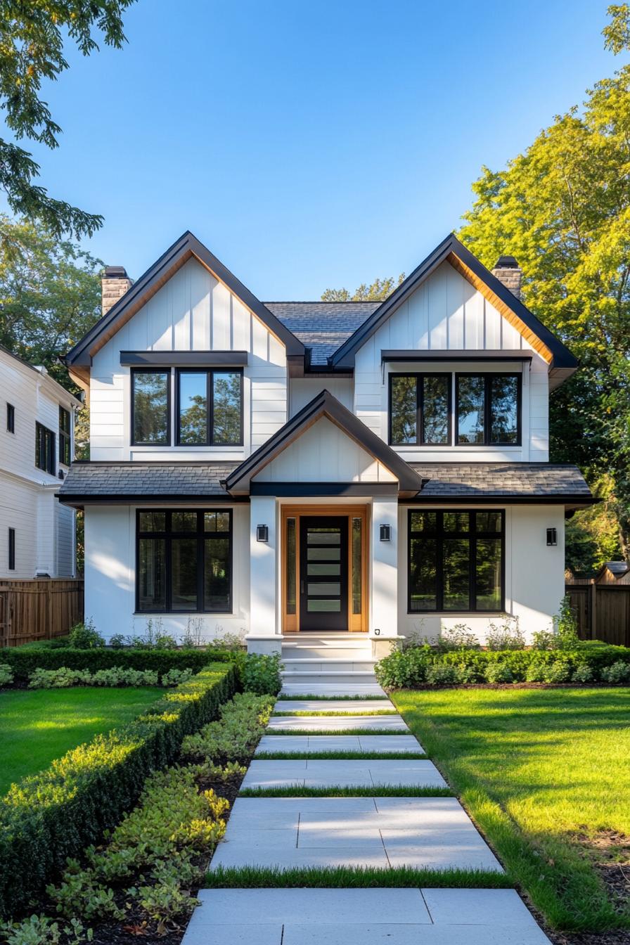 Modern white house with a wooden door and tidy garden path