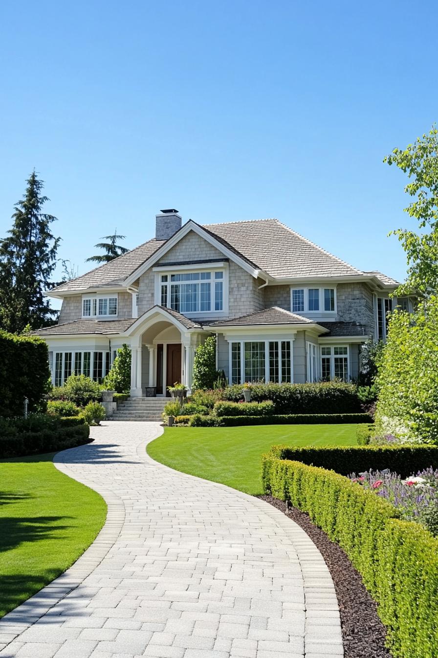 Large house with manicured lawn and curving pathway