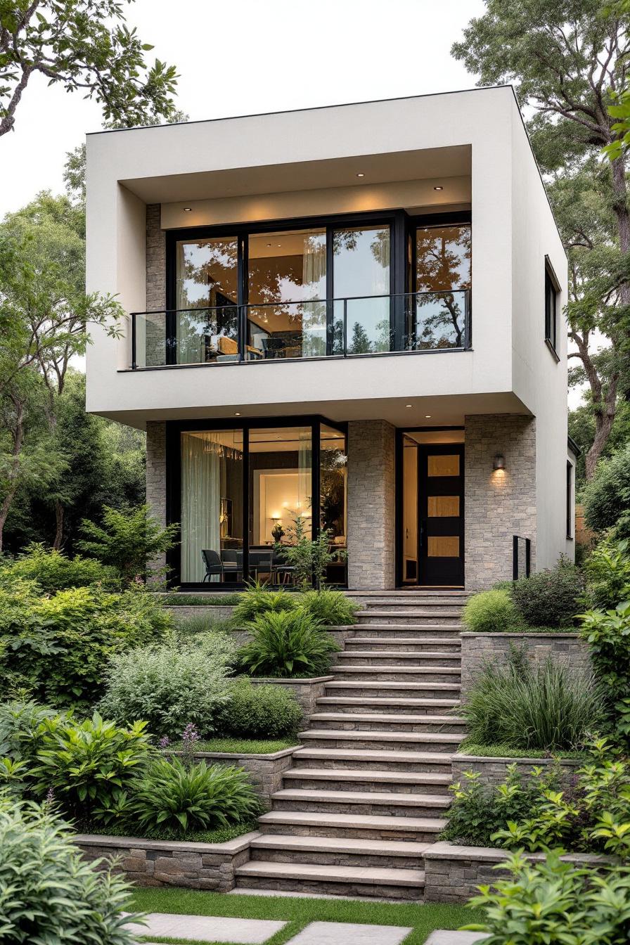 Modern two-story house with large windows and lush garden