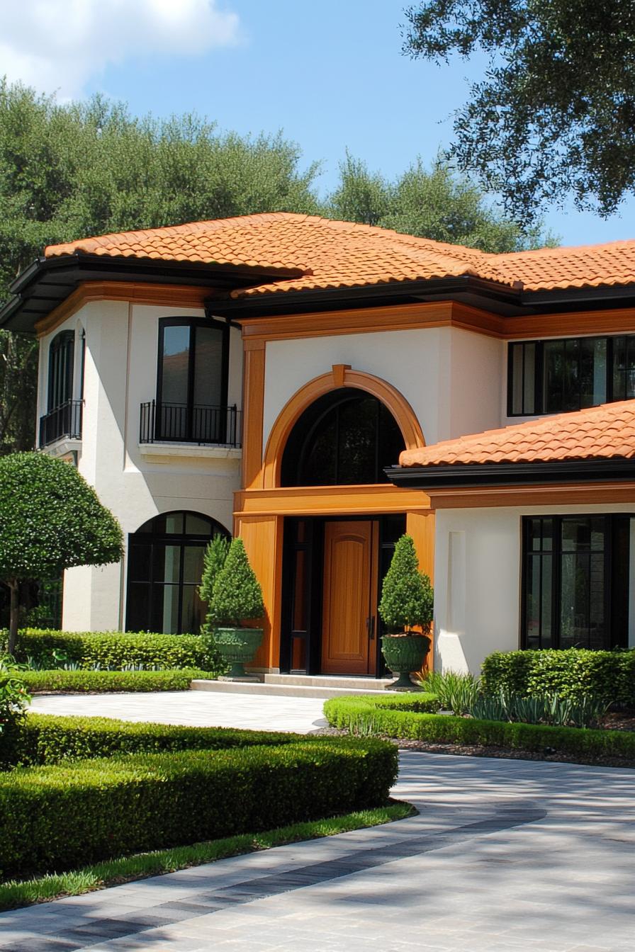 Contemporary Mediterranean house with a terracotta roof and lush greenery