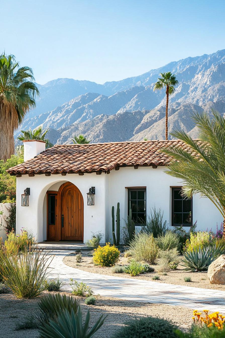 White-walled bungalow with terracotta roof, set against mountains