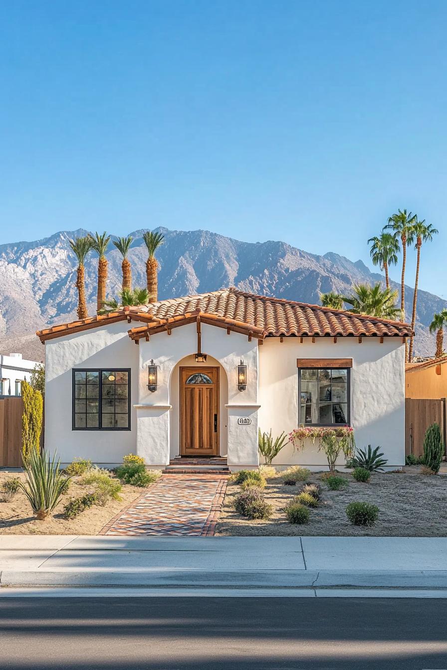 Spanish-style bungalow with red tile roof and mountain backdrop