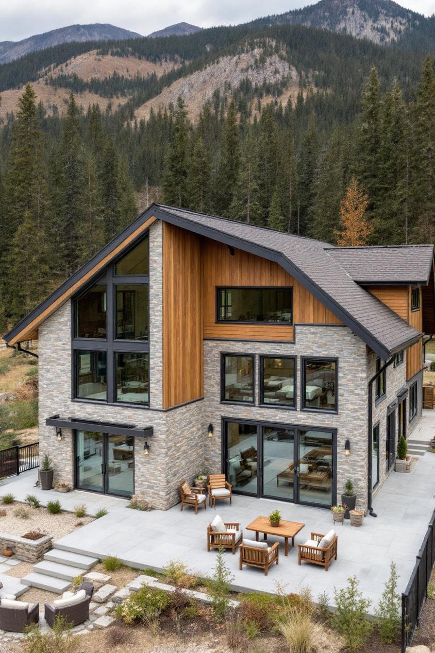 Modern mountain house with large windows and patio