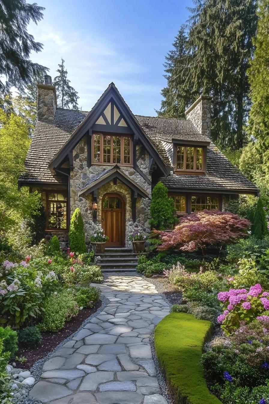 Cottage with stone façade surrounded by lush plants