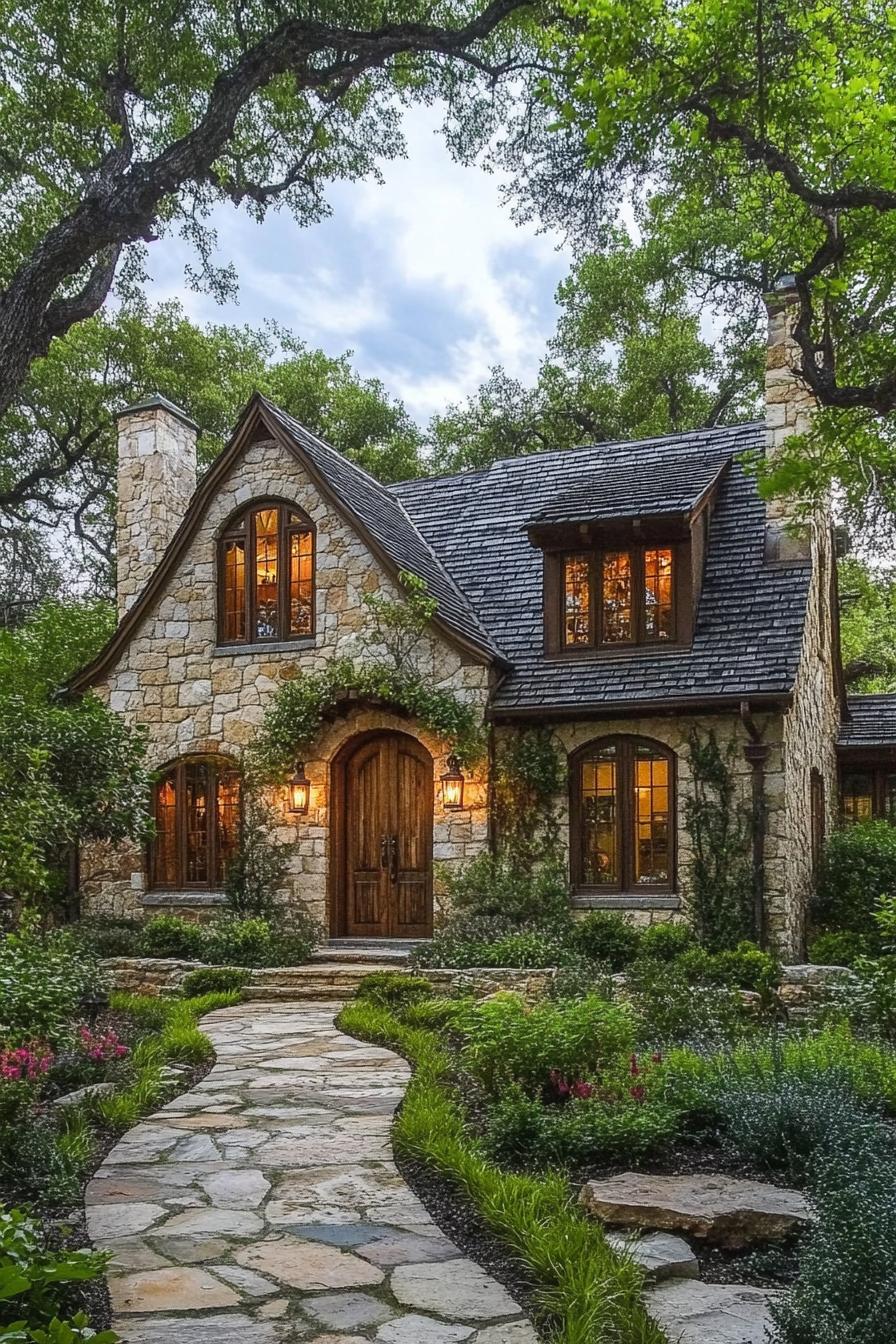 Charming stone cottage with lush garden pathway