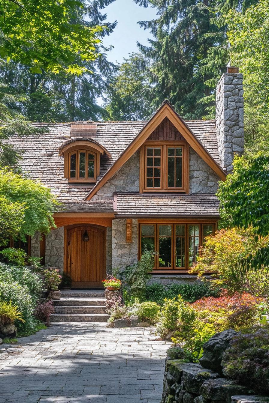 Charming stone cottage with wooden accents surrounded by trees