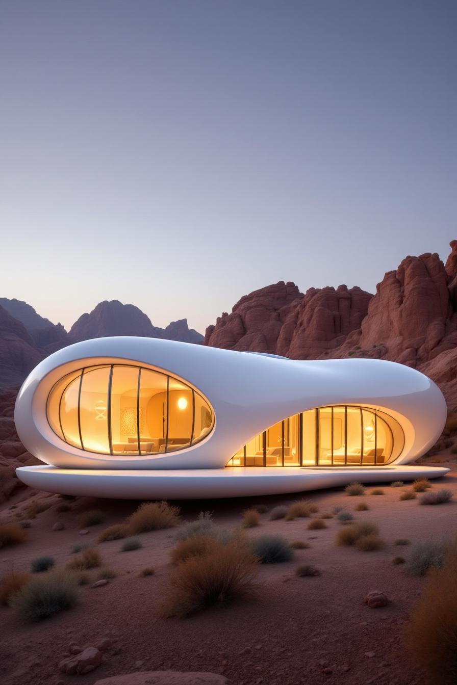 Sleek white futuristic home with large windows in a desert landscape