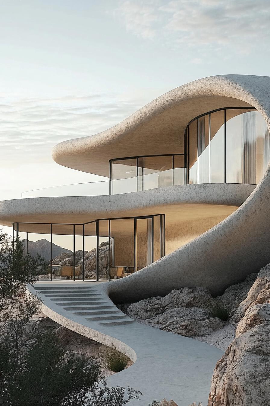 A futuristic home with wavy, sand-colored architecture nestled in rocky terrain