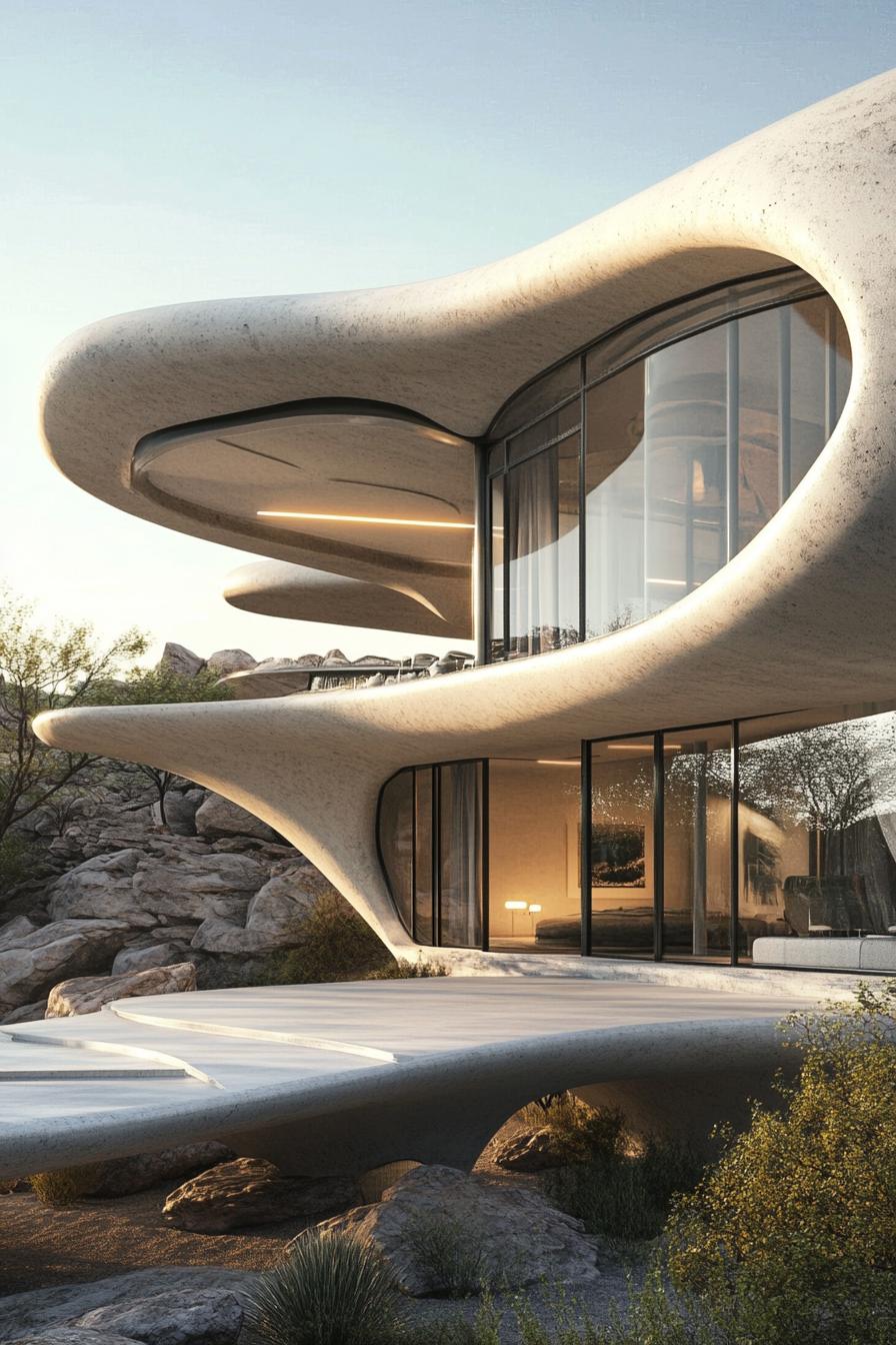 Futuristic home with curvy white architecture and large windows