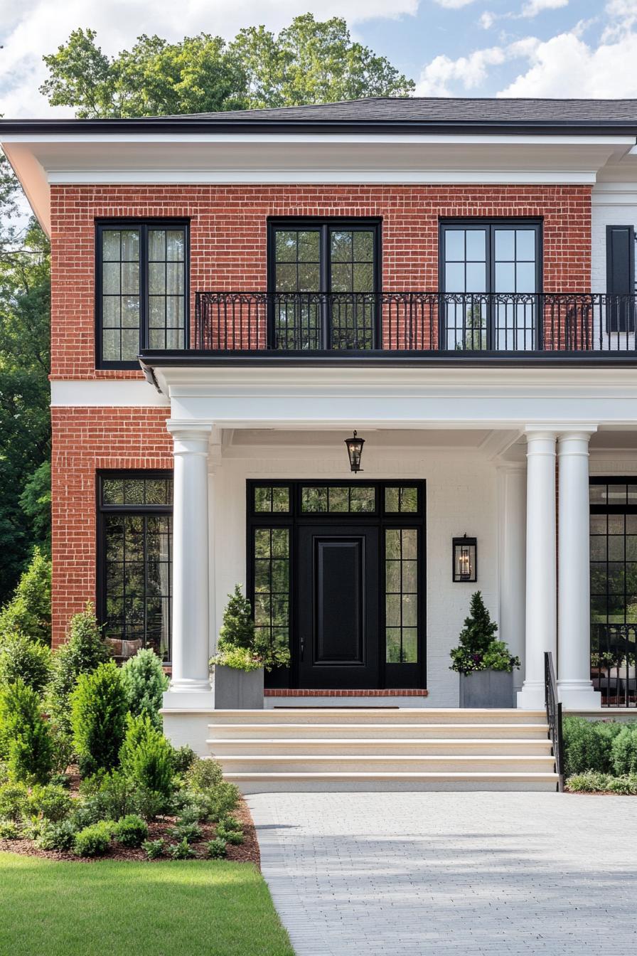 Front view of a Georgian-style house with red brick facade and elegant columns