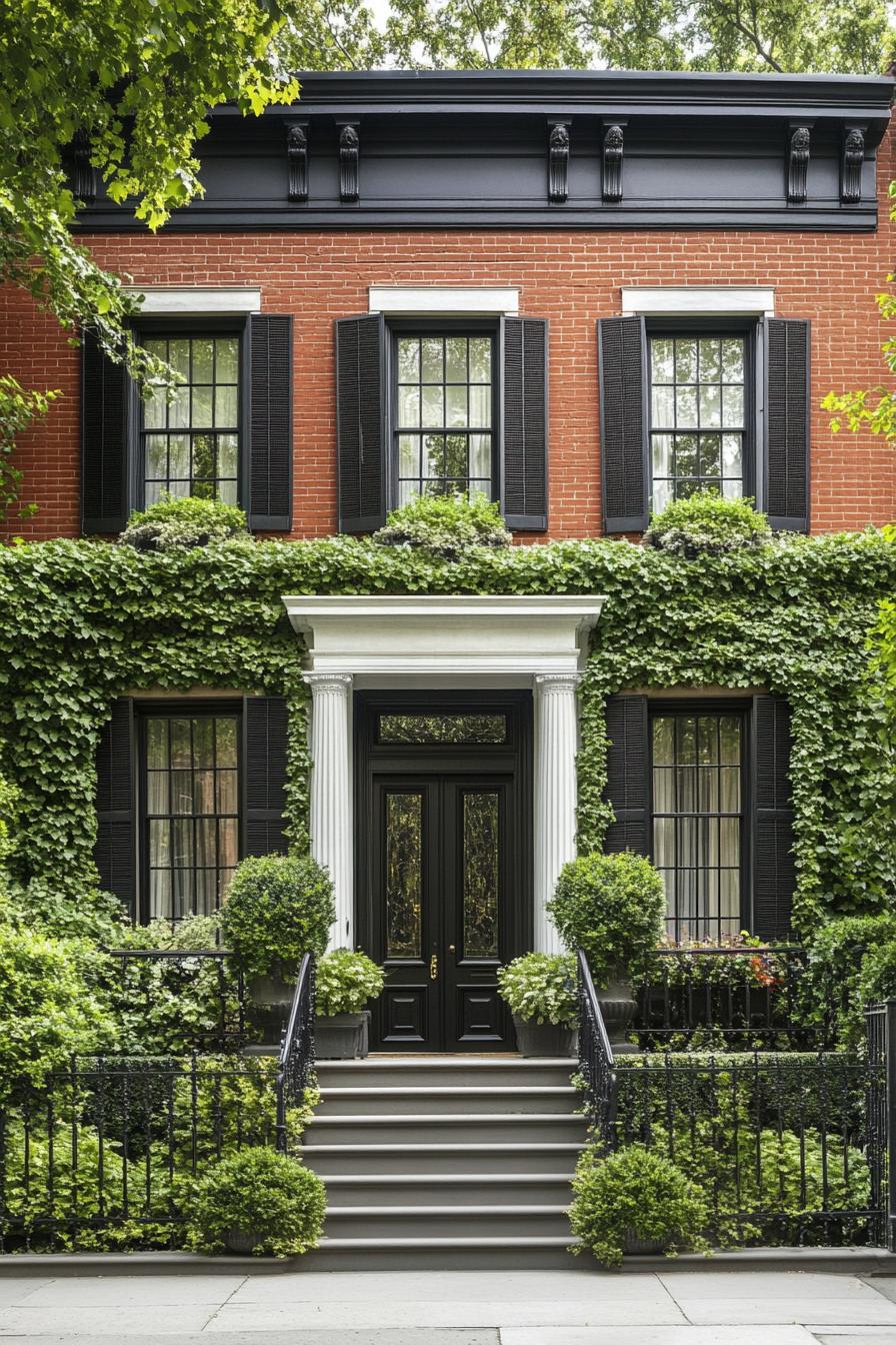 Georgian house with ivy and black shutters