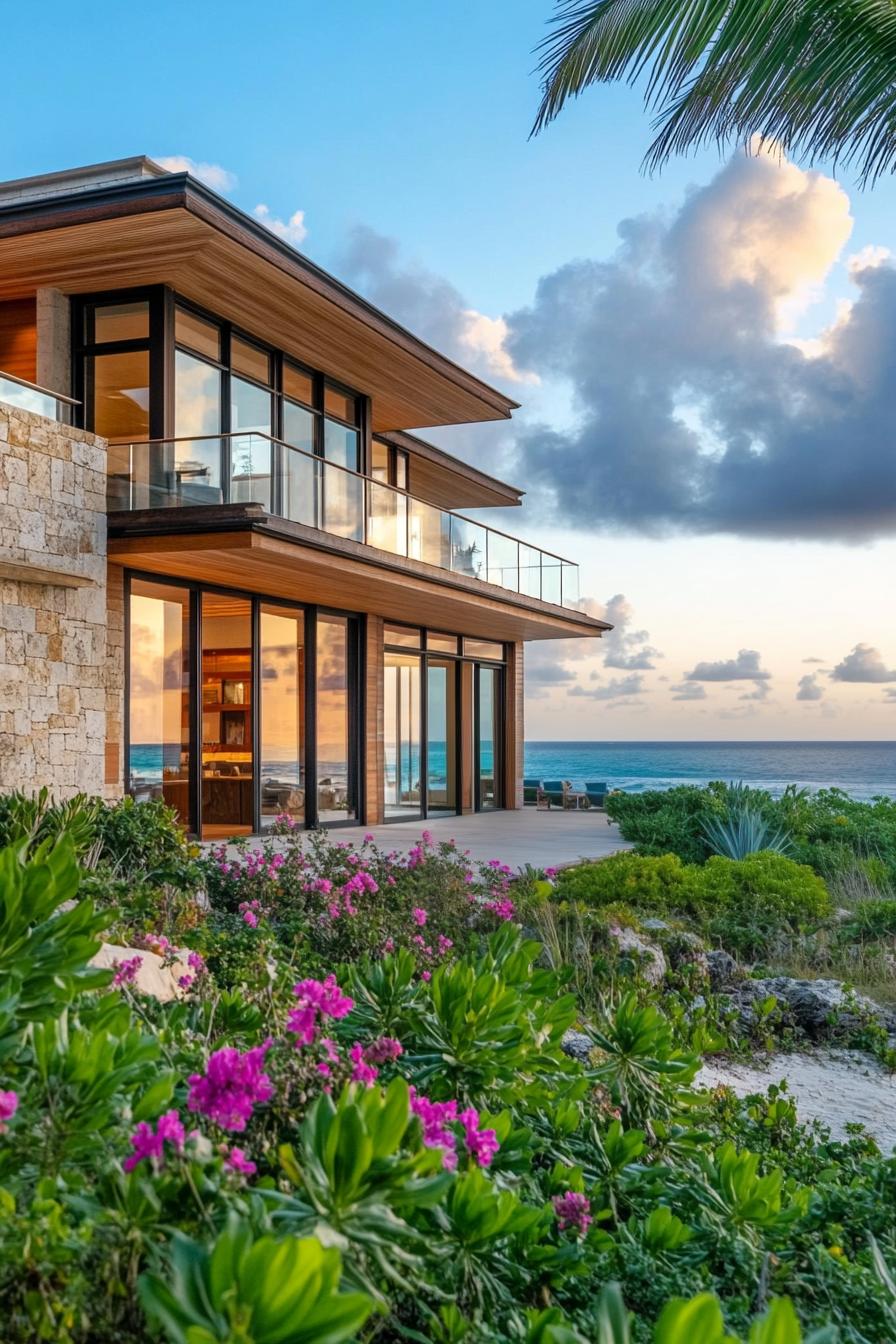 Modern beachfront house with large windows and vibrant garden