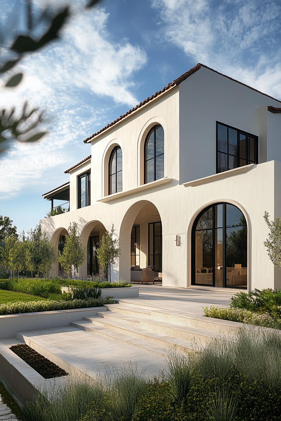 Villa with archways and lush garden under a clear sky