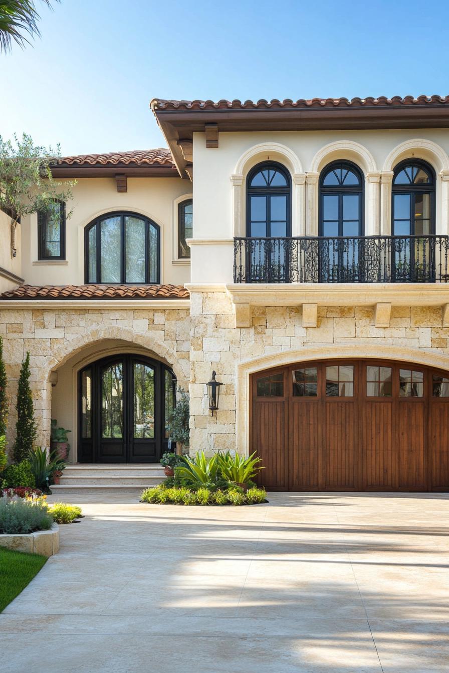 Elegant Mediterranean-style house with stone walls and wood accents