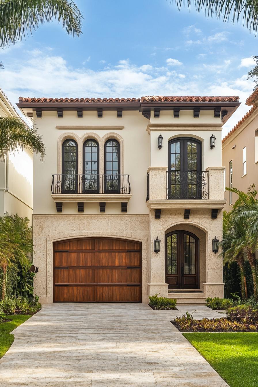 Mediterranean-style house with wooden doors and arched windows