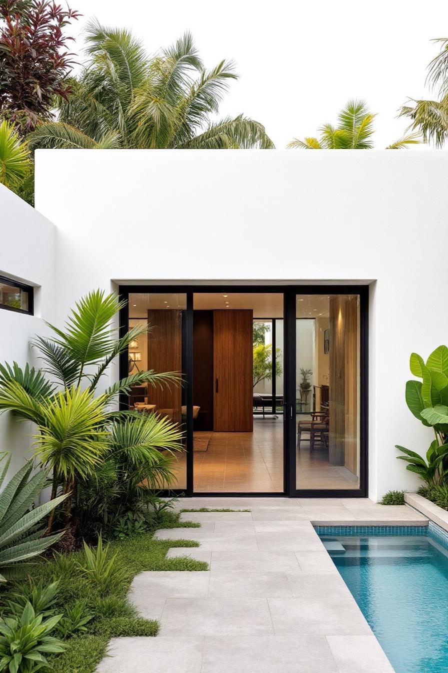 Modern house with a pool and tropical plants