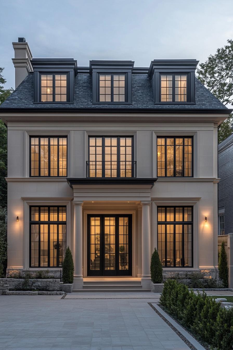 Elegant modern French home exterior with symmetrical features and glowing windows