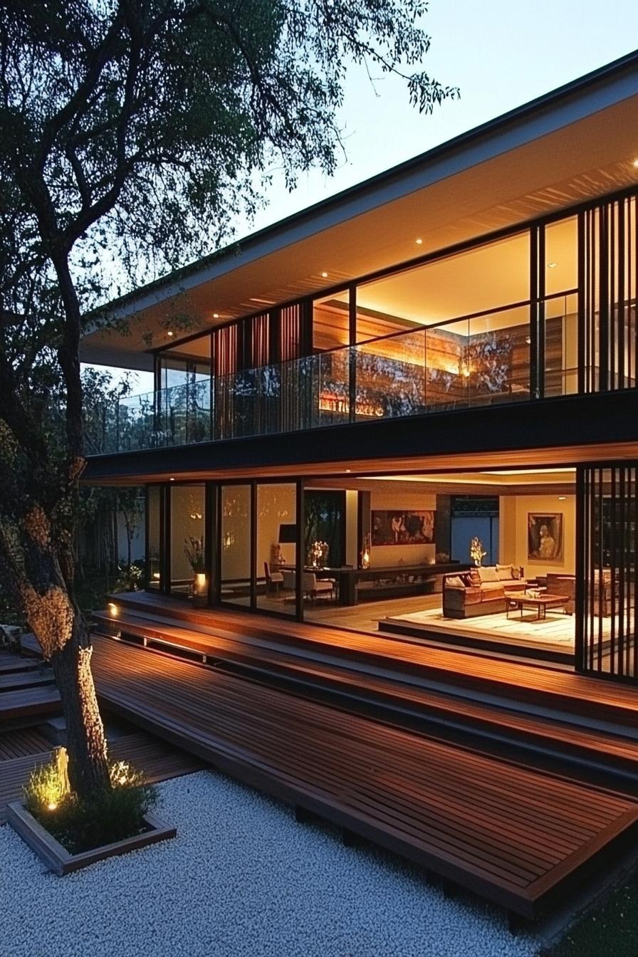 Modern Thai house with wooden decks and large glass windows