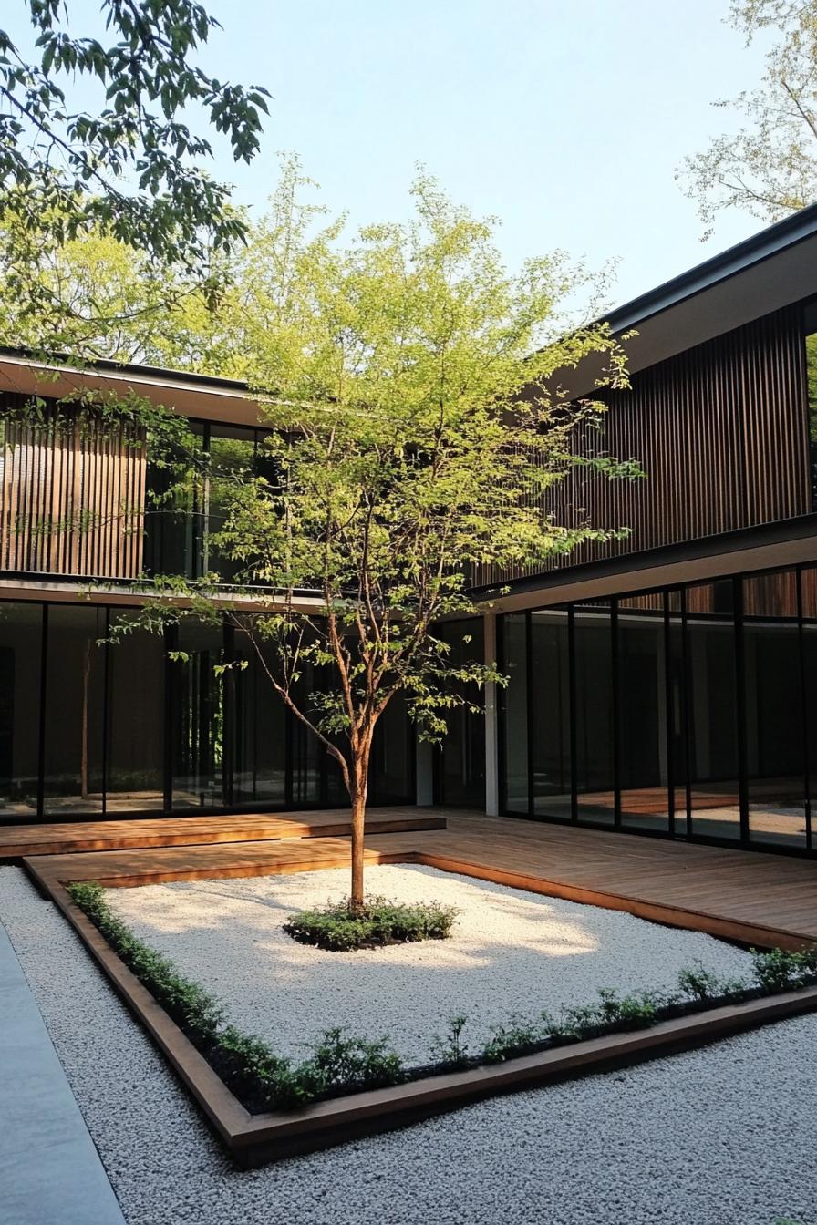 Modern house with a central tree in a minimalist courtyard