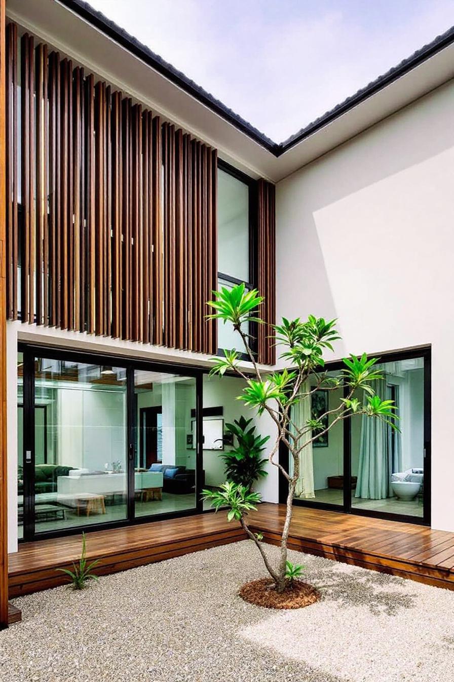 Modern Thai courtyard with wooden accents