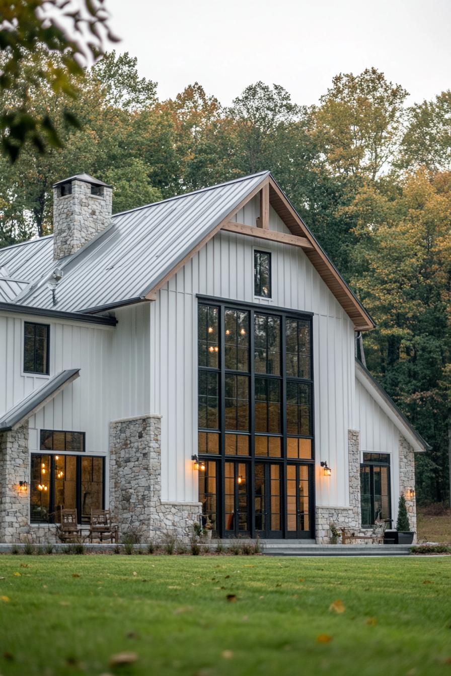 Contemporary barndominium with large glass windows and stone accents