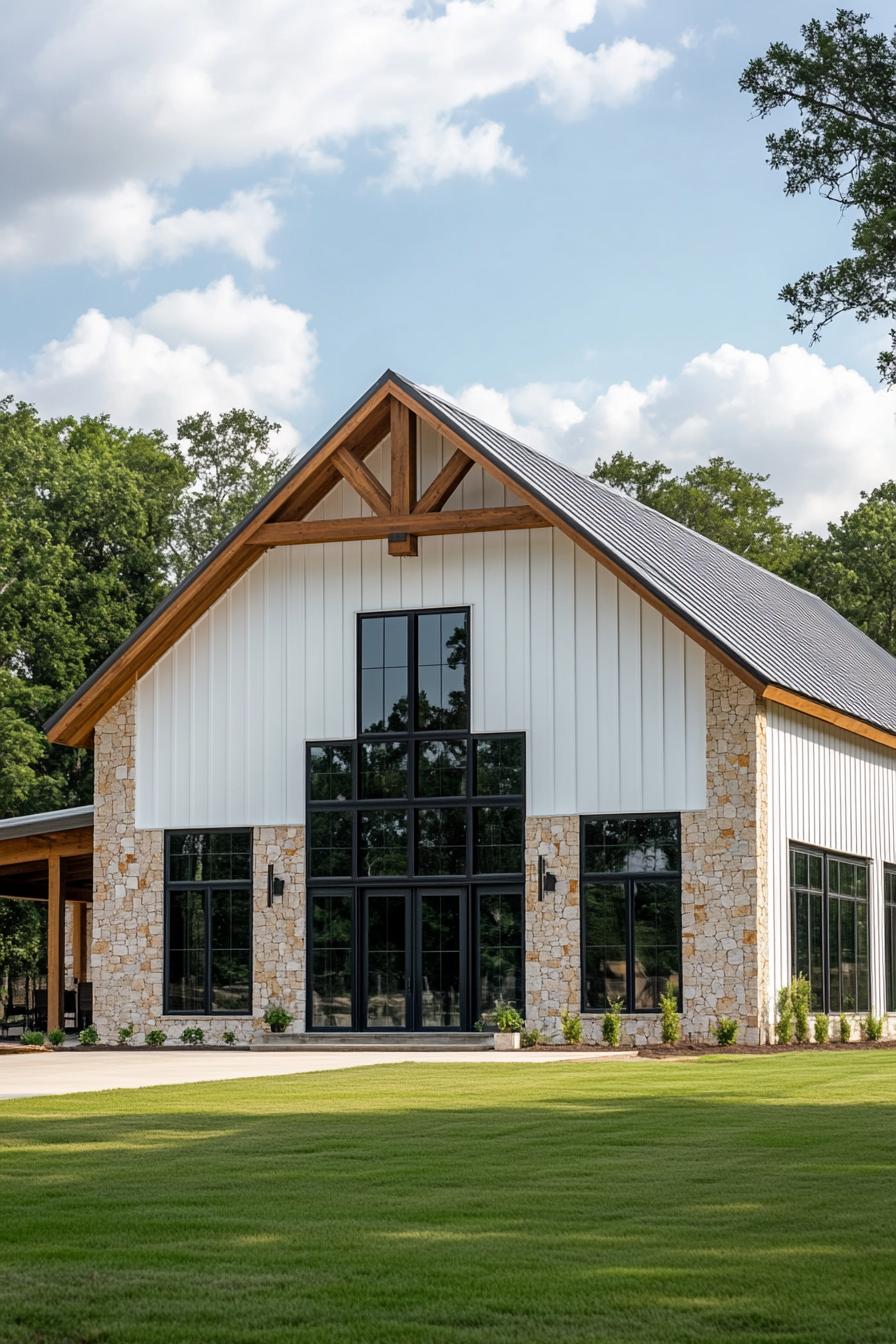 Barndominium with stone and metal facade against a bright blue sky