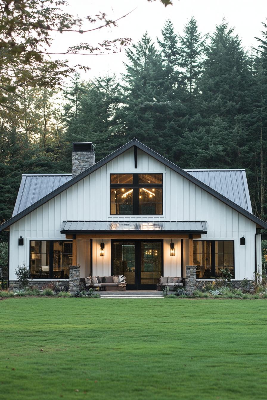 Charming barndominium with rustic details surrounded by trees