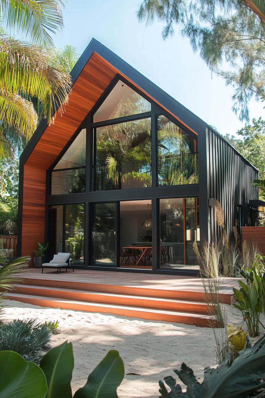 Modern beach house with large glass windows and wooden accents surrounded by lush greenery