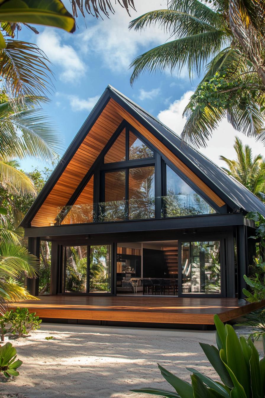 Modern A-frame beach house surrounded by lush palm trees