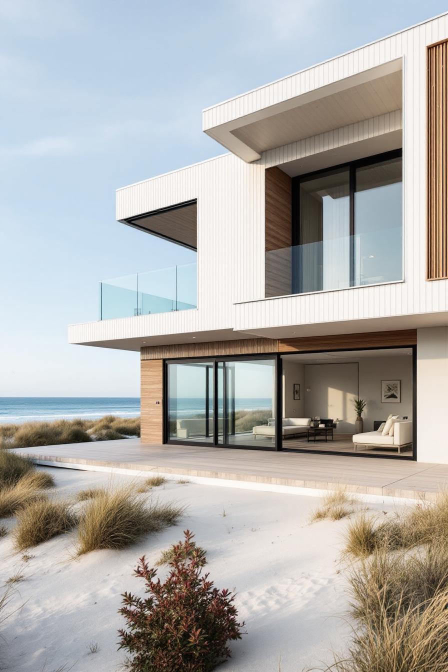 Modern beach house with large glass windows overlooking the ocean