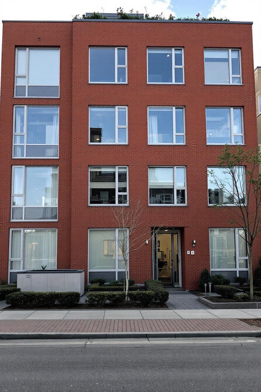 Simple rectangular brick building with large windows