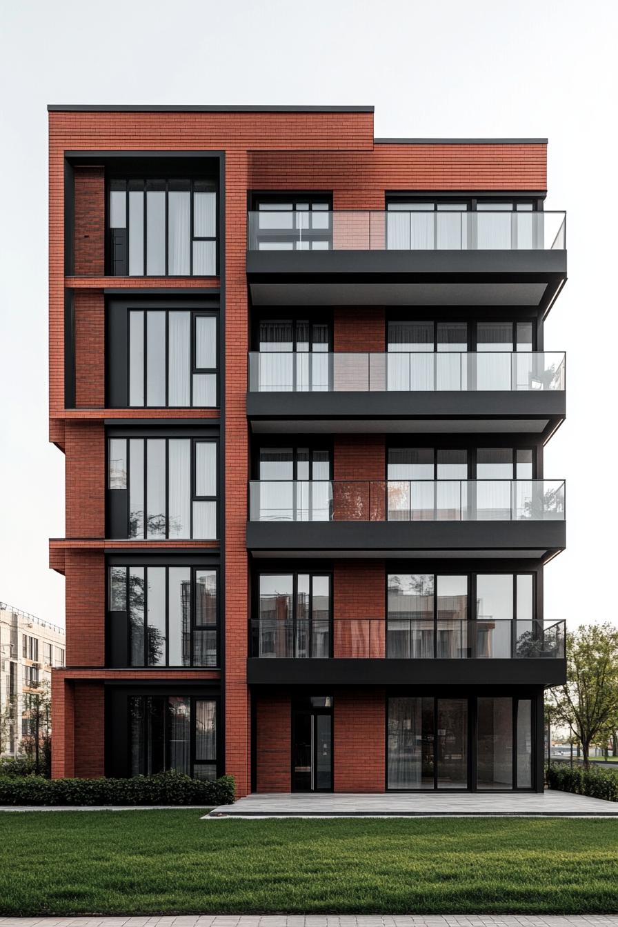 Modern apartment building with brick facade and glass balconies