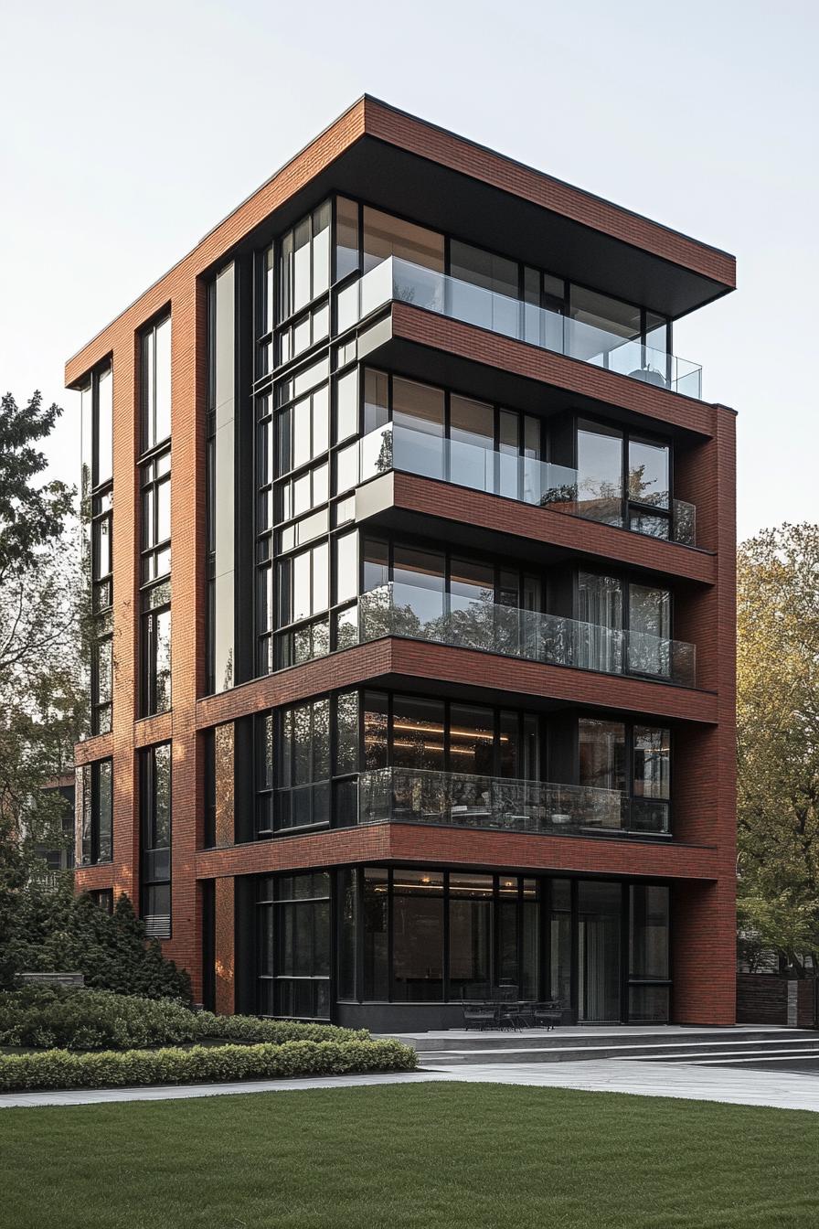 Modern building with brick and glass design, surrounded by greenery