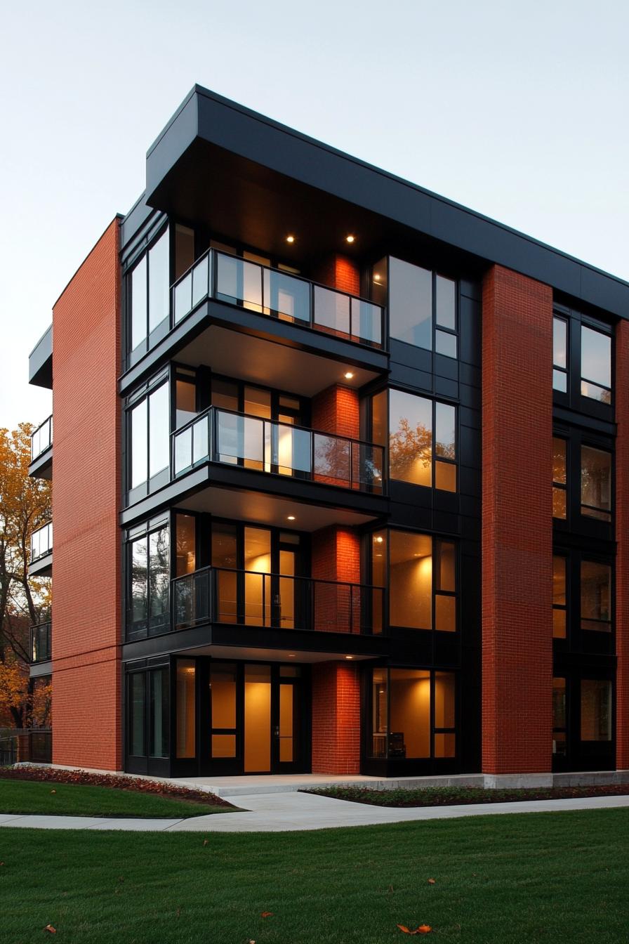 Contemporary residential building with glass balconies and brick facade