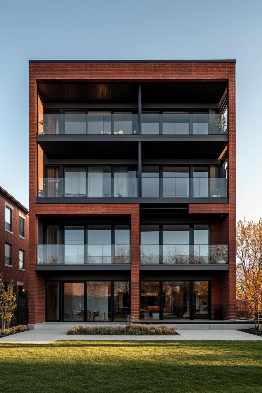 Modern brick building with glass balconies and a lush lawn