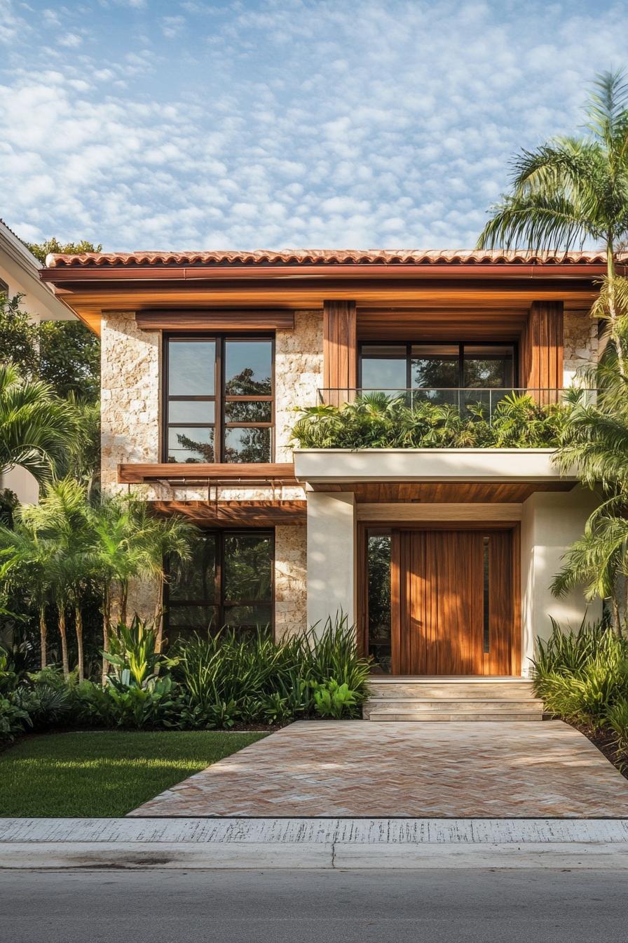 Lush tropical house exterior with wood accents and greenery