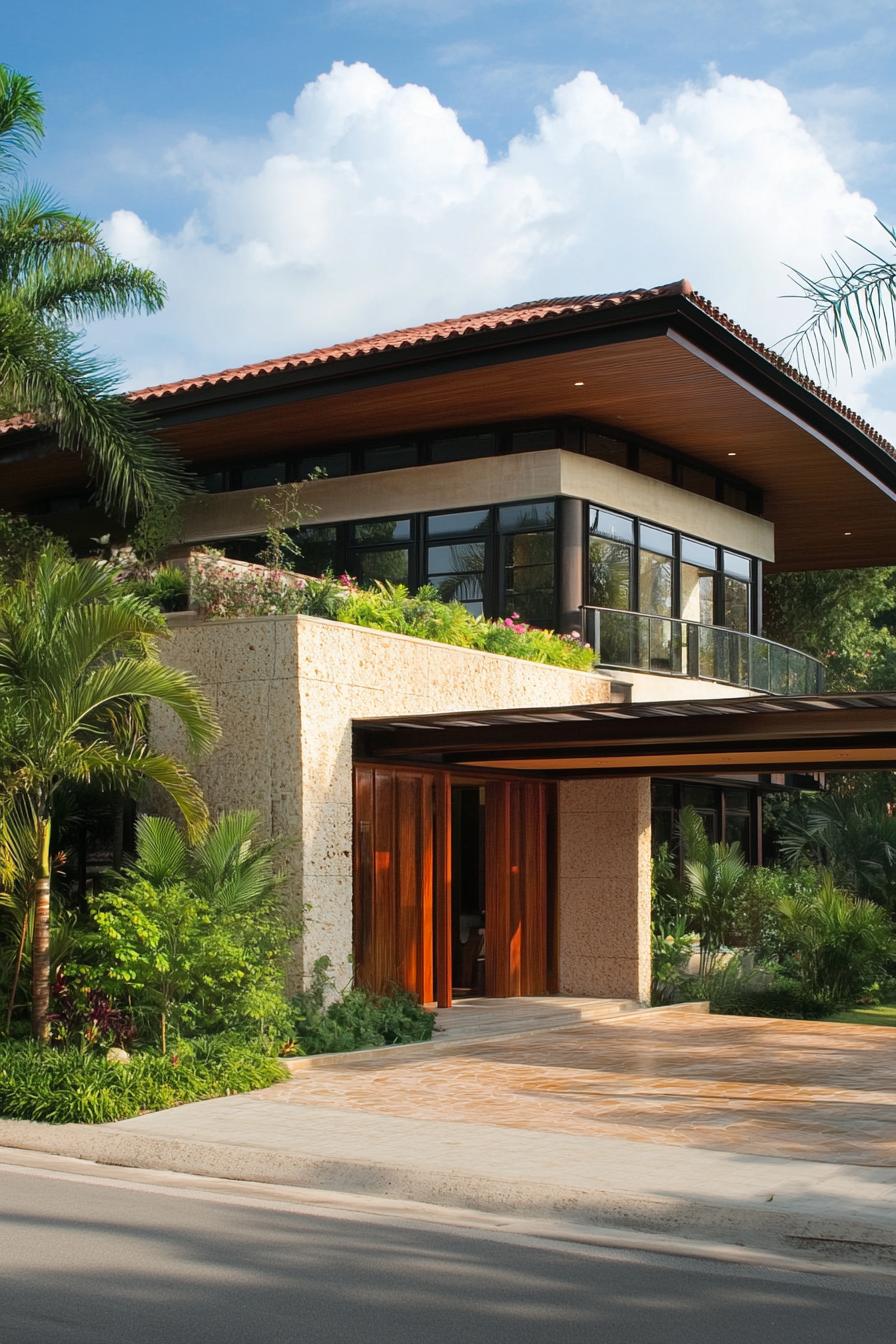 Modern tropical house exterior with lush greenery