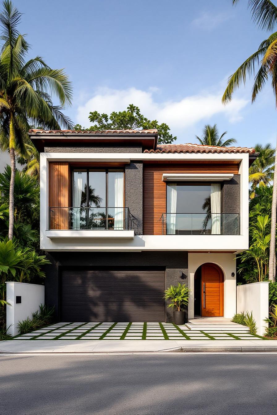 Modern tropical house with palm trees and glass windows