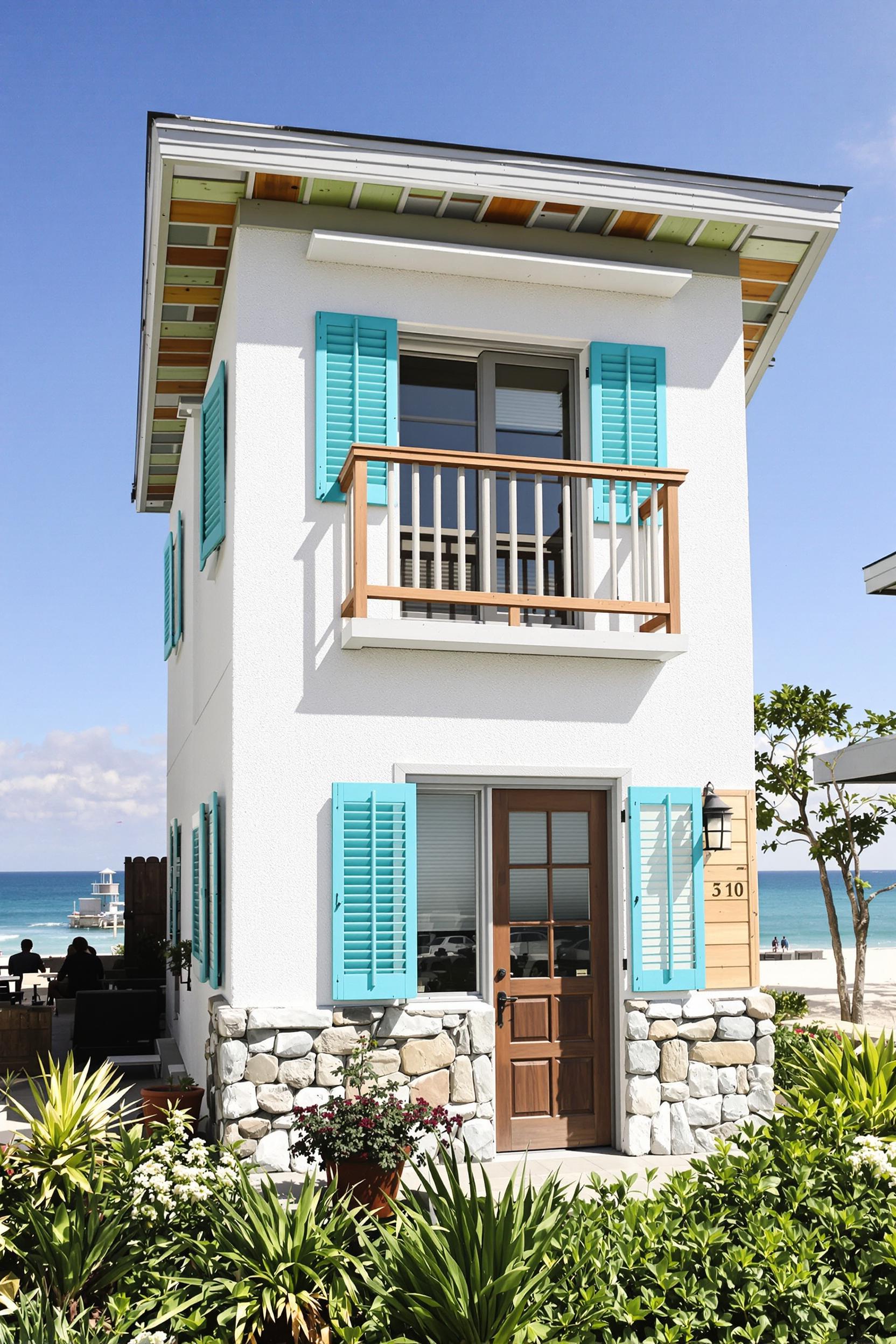 Compact beach house with bright blue shutters and stone accents