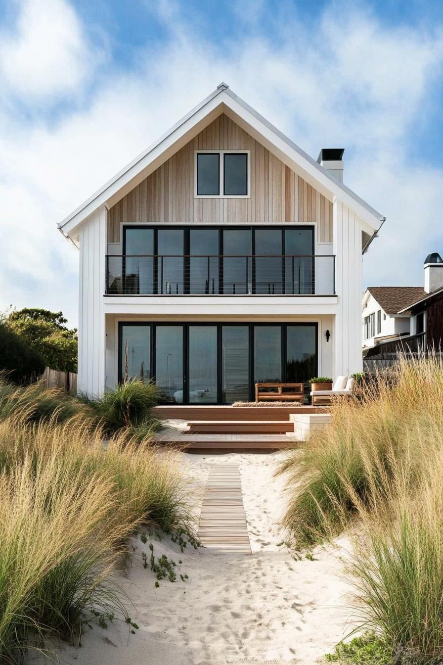 Beachfront house with large glass doors and sandy path