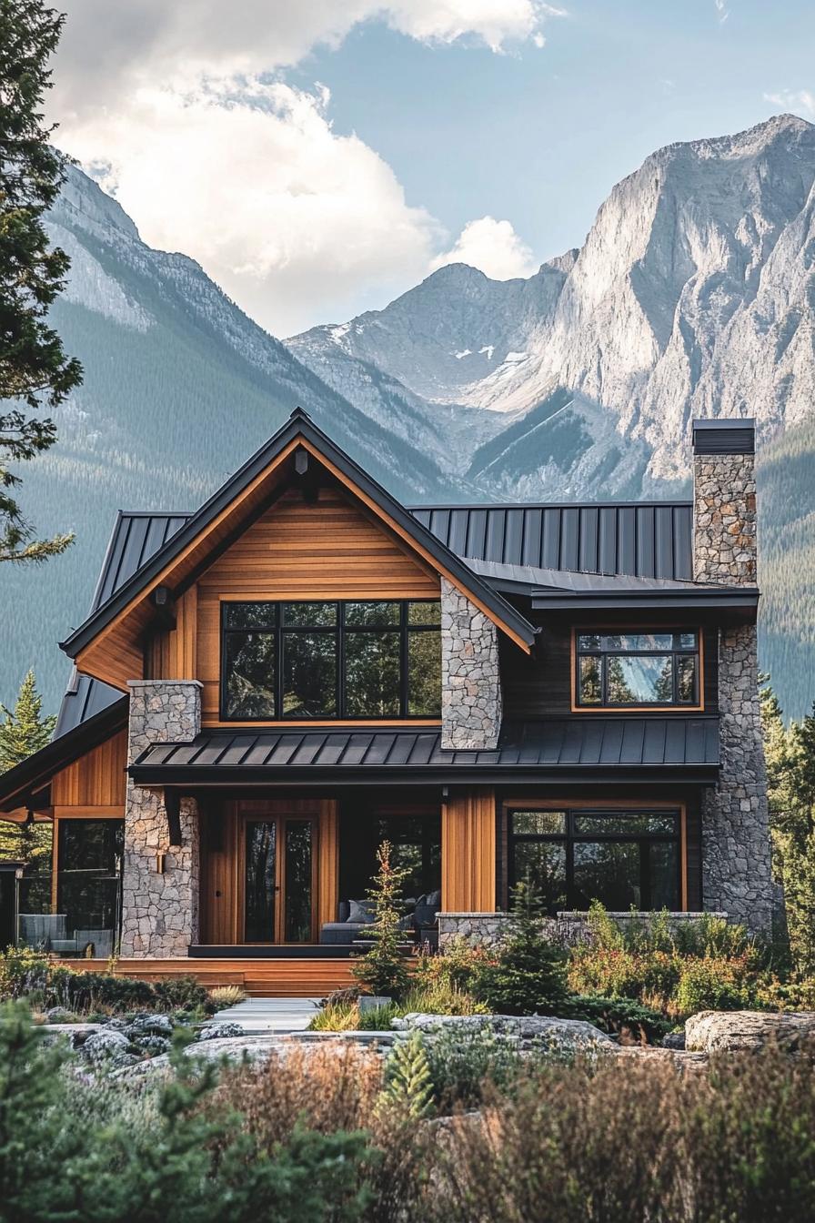 Wooden mountain house with stone accents and stunning view