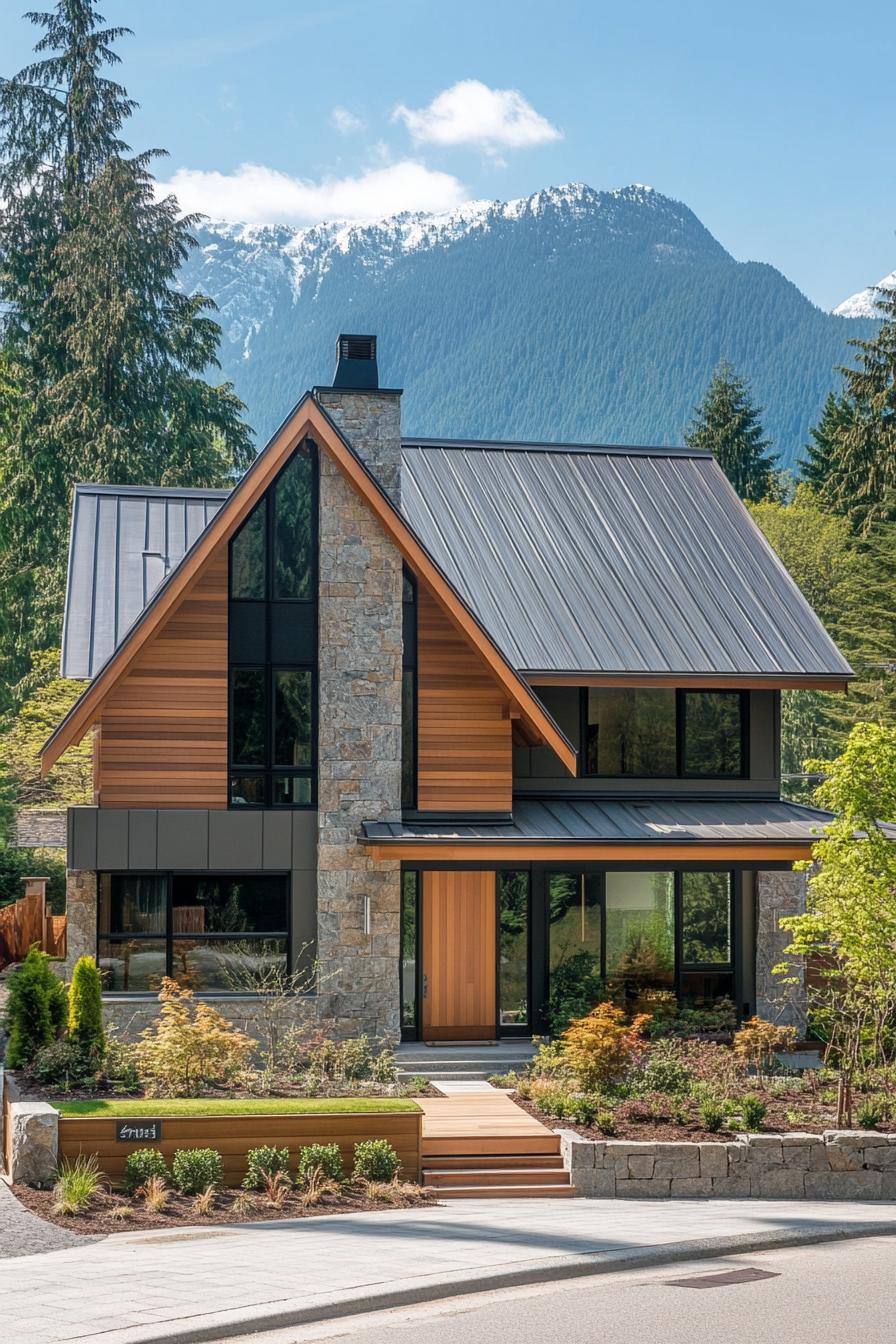 Modern mountain house with stone and wood facade against a scenic backdrop