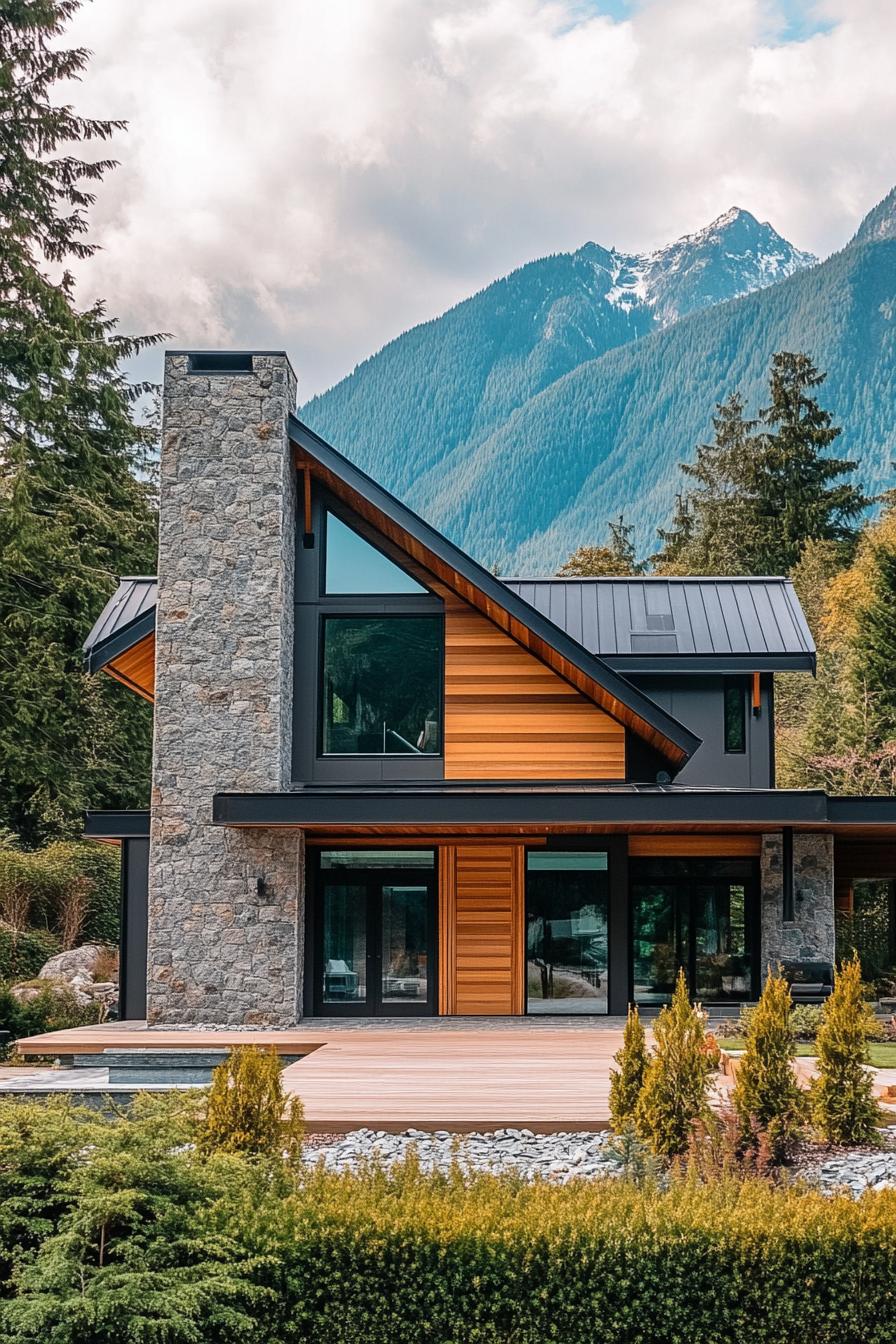 Modern mountain cabin with large chimney and panoramic backdrop