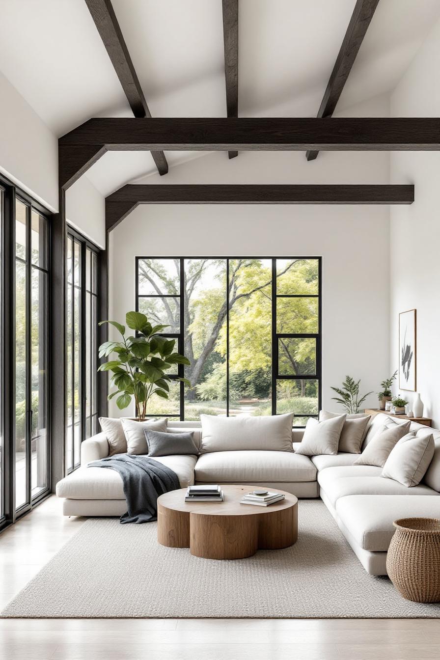 Spacious living room with large windows and neutral decor