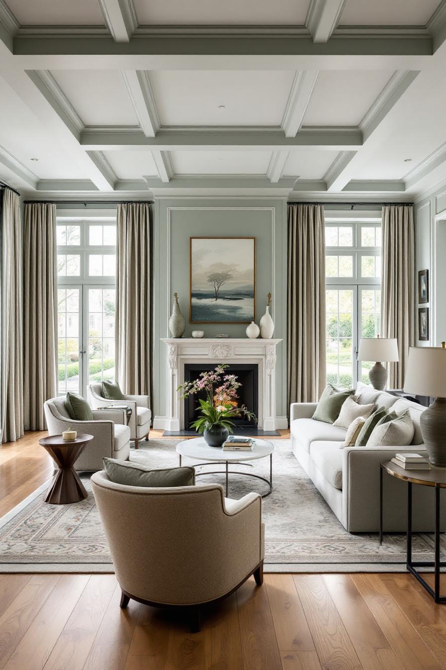 Elegant living room with coffered ceiling and large windows