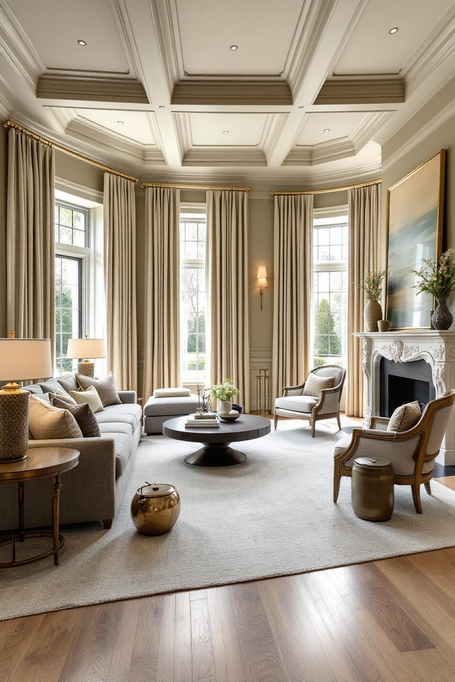 Colonial-style living room with elegant furnishings and large windows