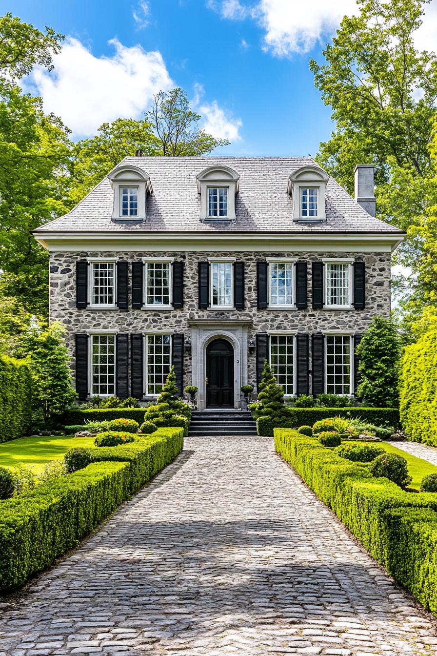 Elegant Georgian home with stone facade and manicured garden