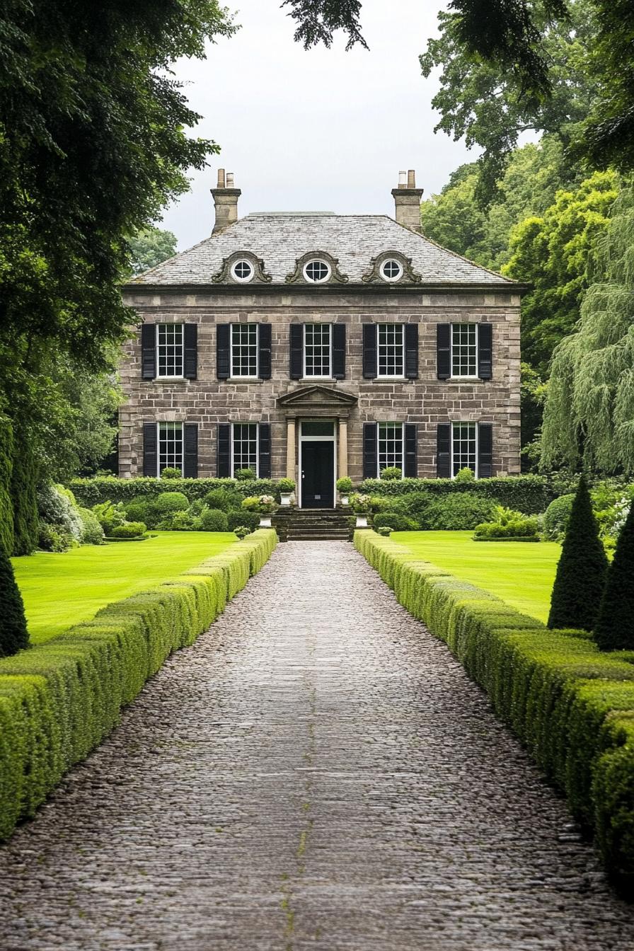 Georgian-style house with a lush garden and stone path