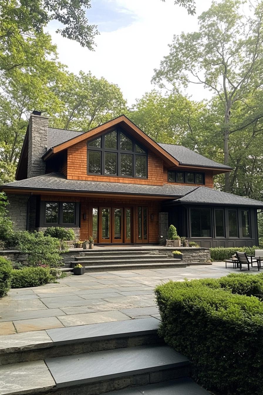 Charming two-story house with stone accents surrounded by lush greenery