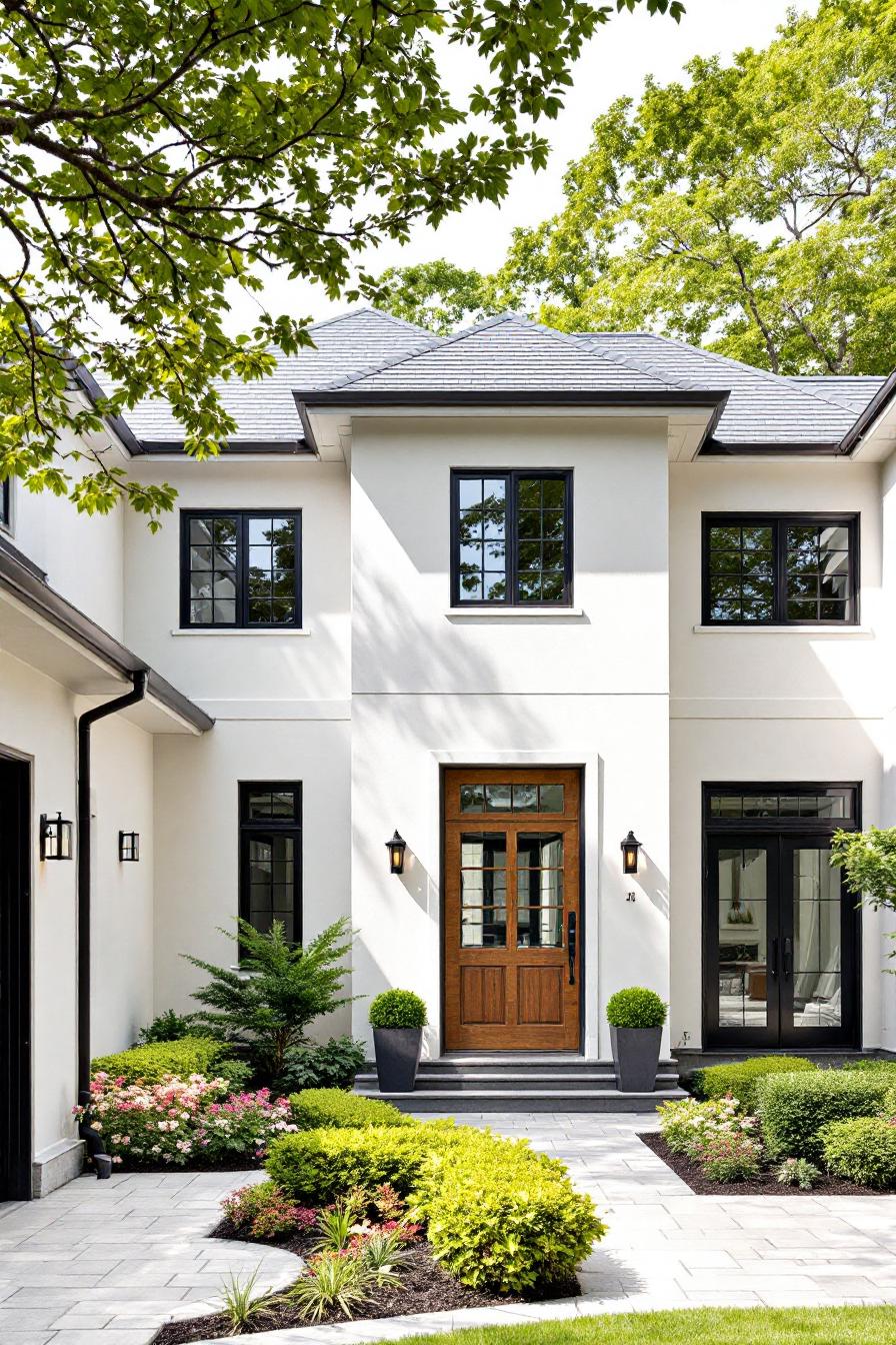 White house with black-trimmed windows and lush garden